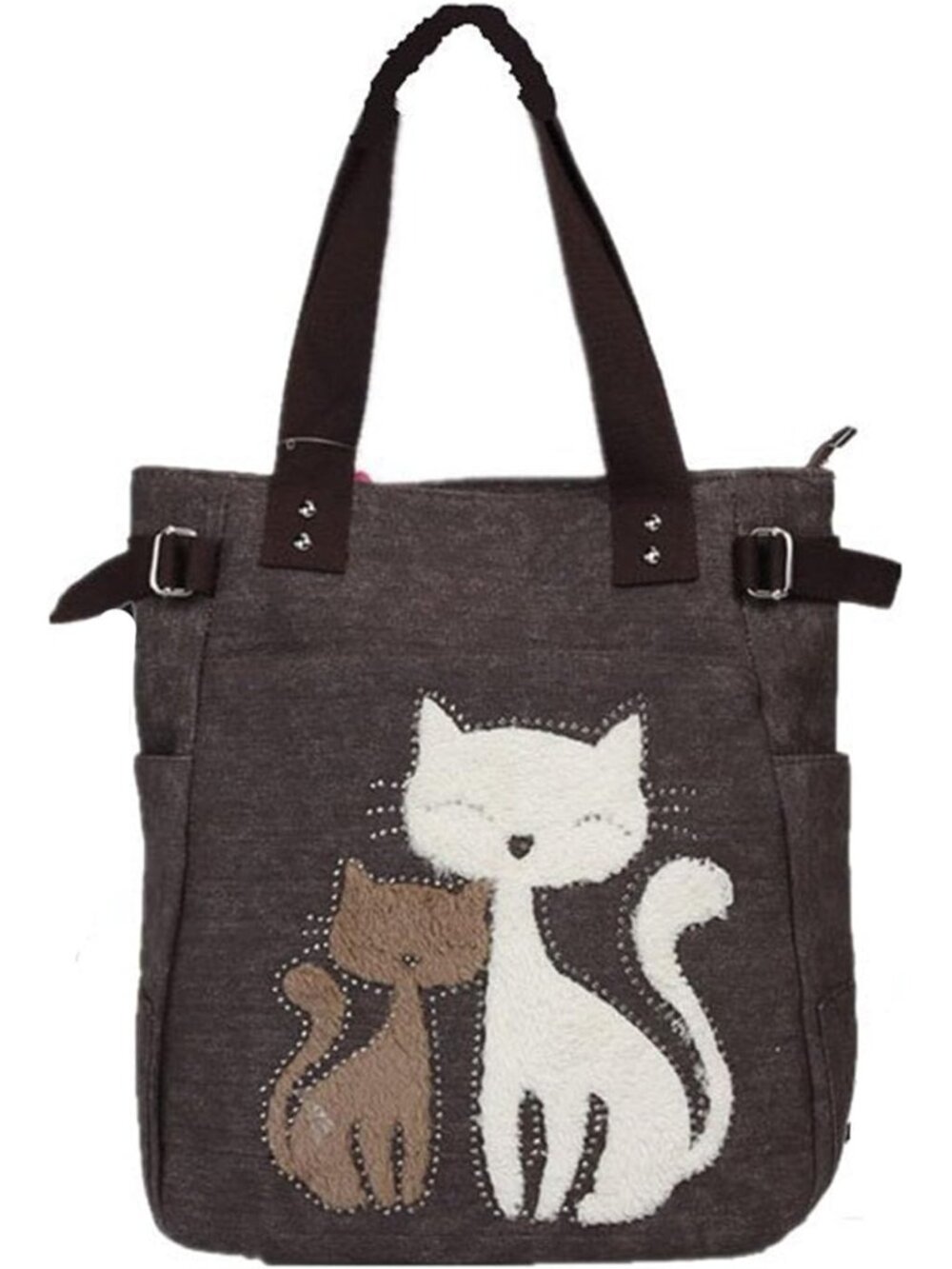 Canvas Tote Handbag for Women Cute Cat Embroidery Shoulder Purse Large Zipper Tr